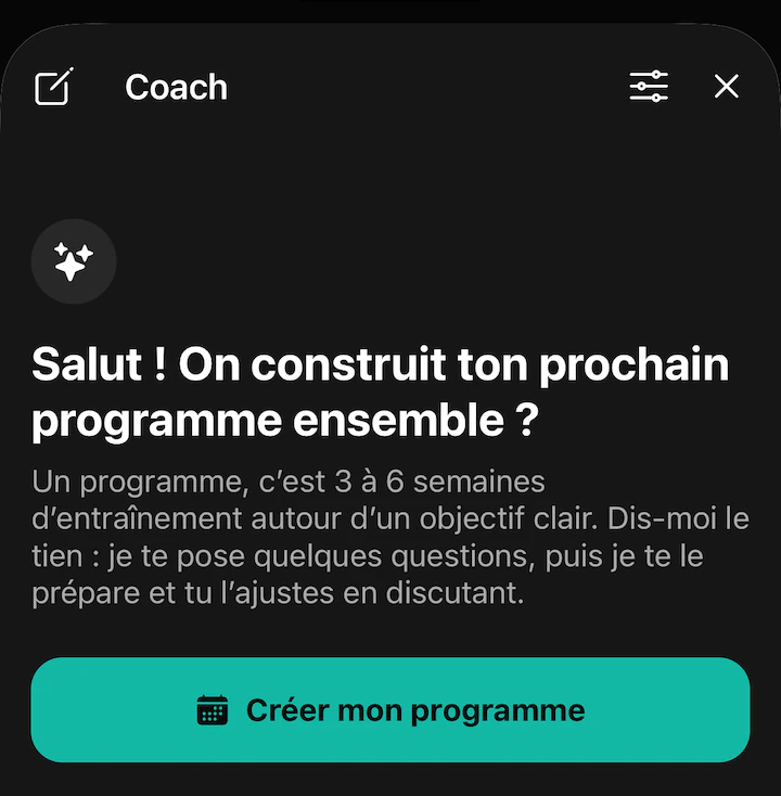 Accueil de l’onglet Coach dans l’app Sarox : « Salut ! On construit ton prochain programme ensemble ? » et le bouton Créer mon programme.