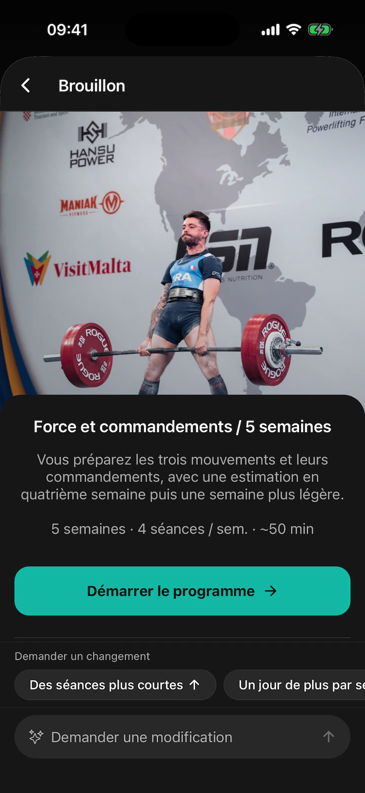 Écran de l’app Sarox : le bloc Force et commandements créé par l’IA, en brouillon, avec en couverture Guti au soulevé de terre. 5 semaines, 4 séances par semaine, bouton Démarrer le programme, semaine 1, séance 1.